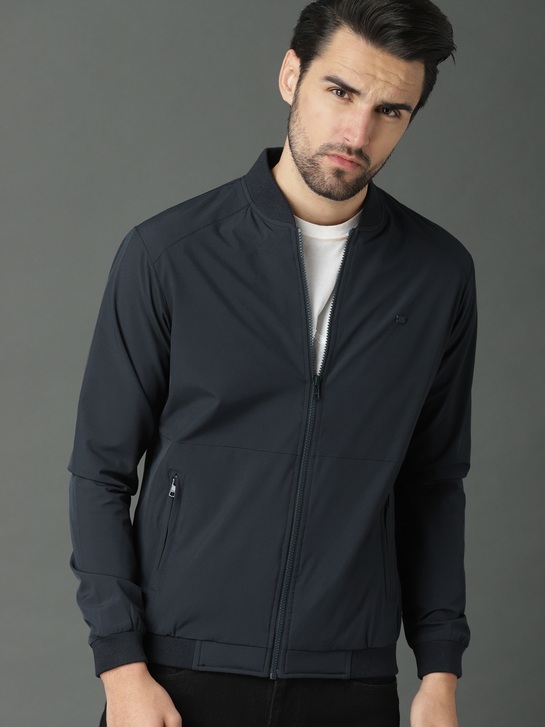 

Roadster Men Navy Blue Solid Bomber