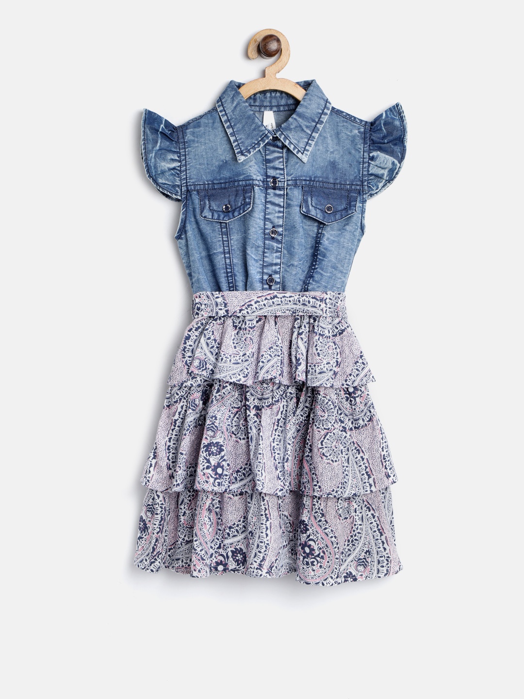 

StyleStone Girls Blue Printed Denim Fit & Flare Dress