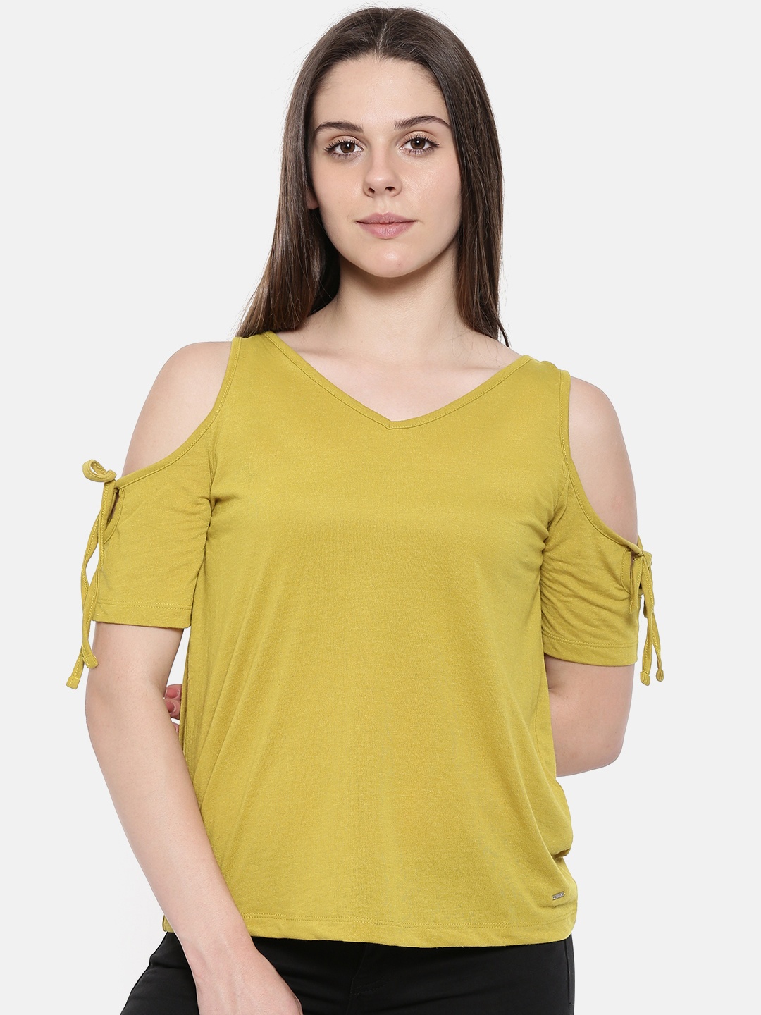 

ONLY Women Olive Green Solid Cold-Shoulder Top