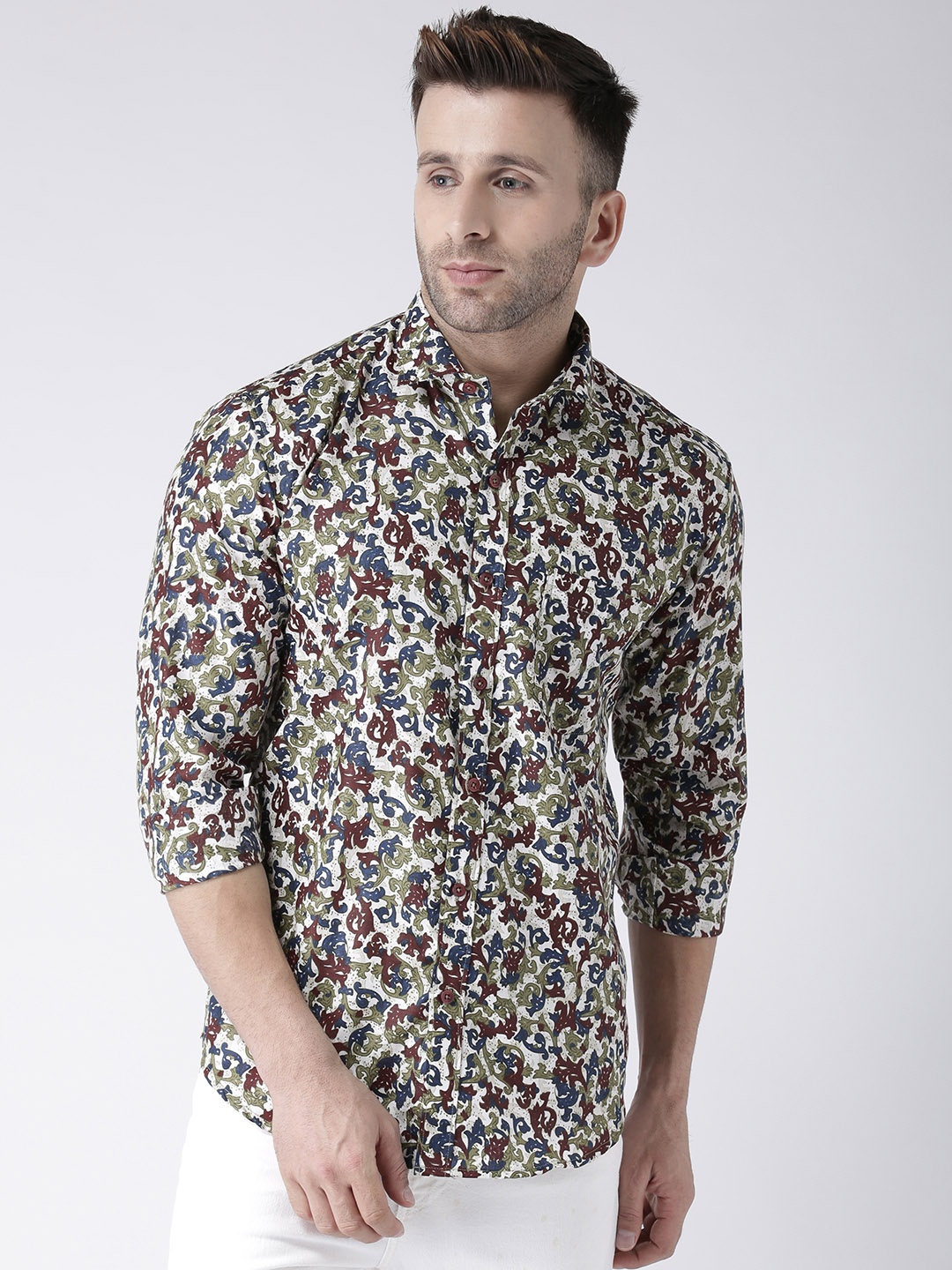 

Hangup Men Off-White & Brown Slim Fit Printed Casual Shirt
