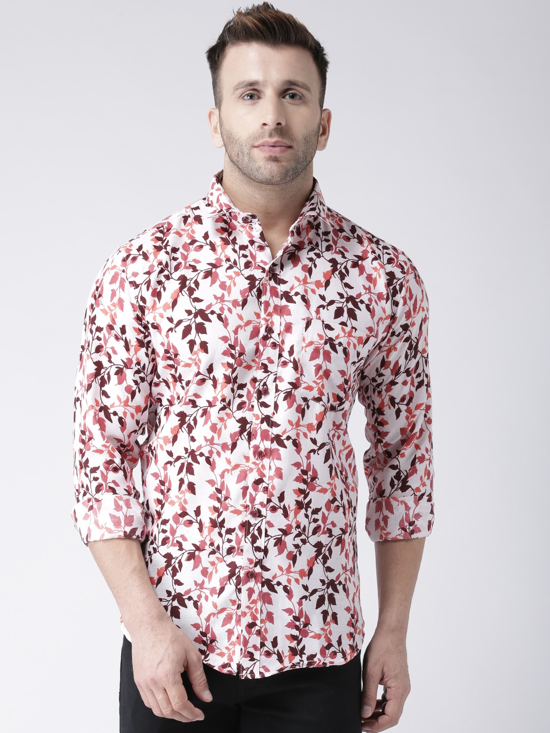 

Hangup Men White & Coral Slim Fit Printed Casual Shirt