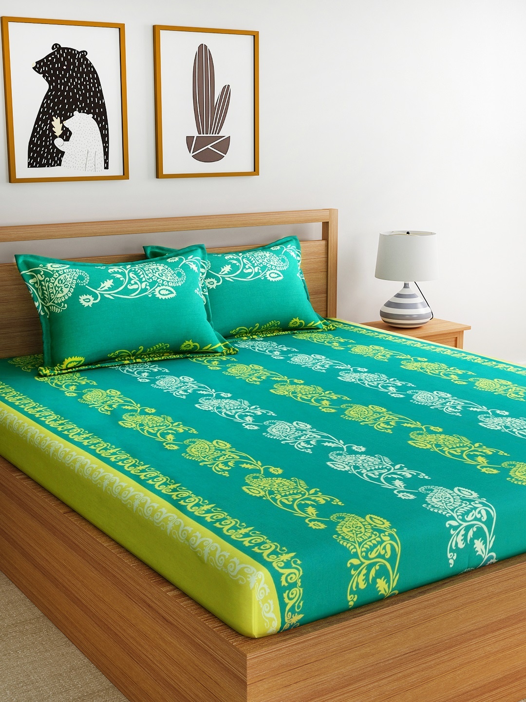 

Home Ecstasy Green & Off-White Ethnic Motifs Flat 140 TC Cotton 1 Queen Bedsheet with 2 Pillow Covers