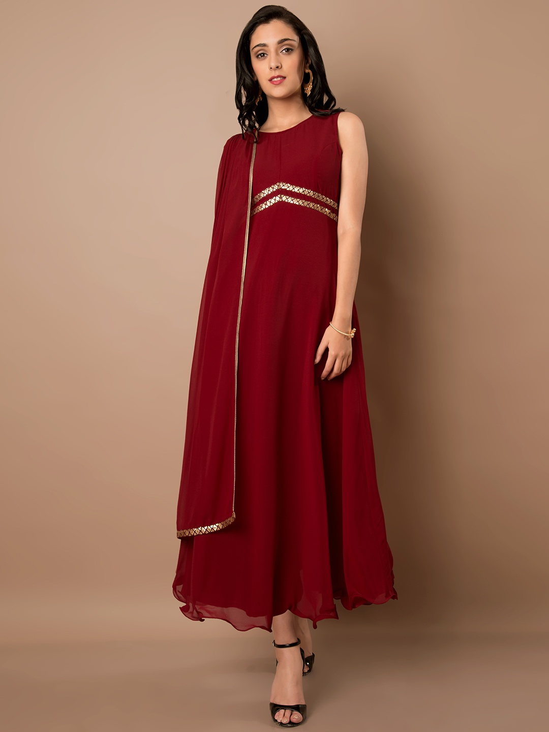 

INDYA Women Maroon Embroidered A-Line Kurta