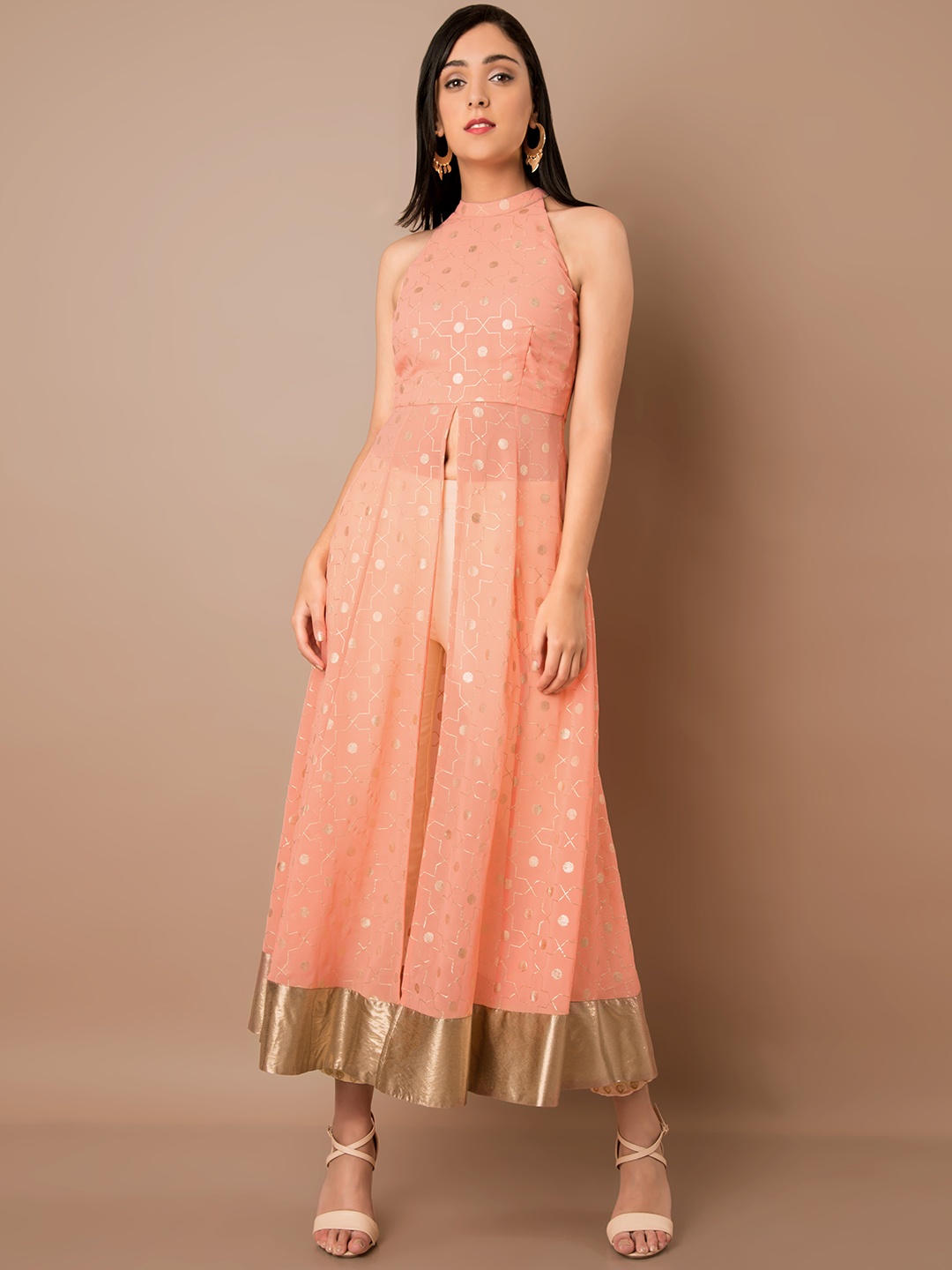 

INDYA Women Peach-Coloured & Gold-Toned Printed A-Line Kurta