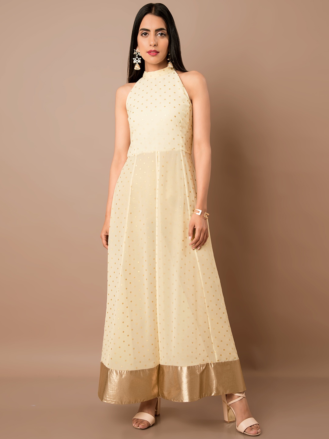 

INDYA Women Cream-Coloured & Gold-Toned Printed A-Line Kurta