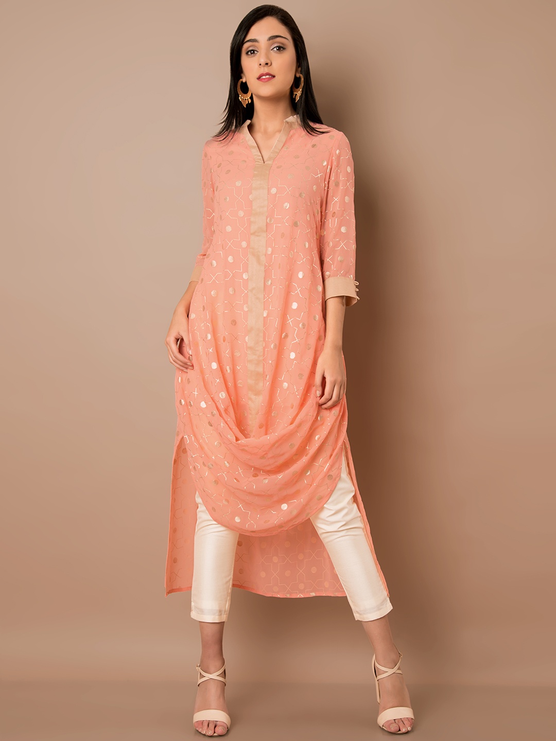 

INDYA Women Peach-Coloured & Gold-Toned Printed Straight Kurta