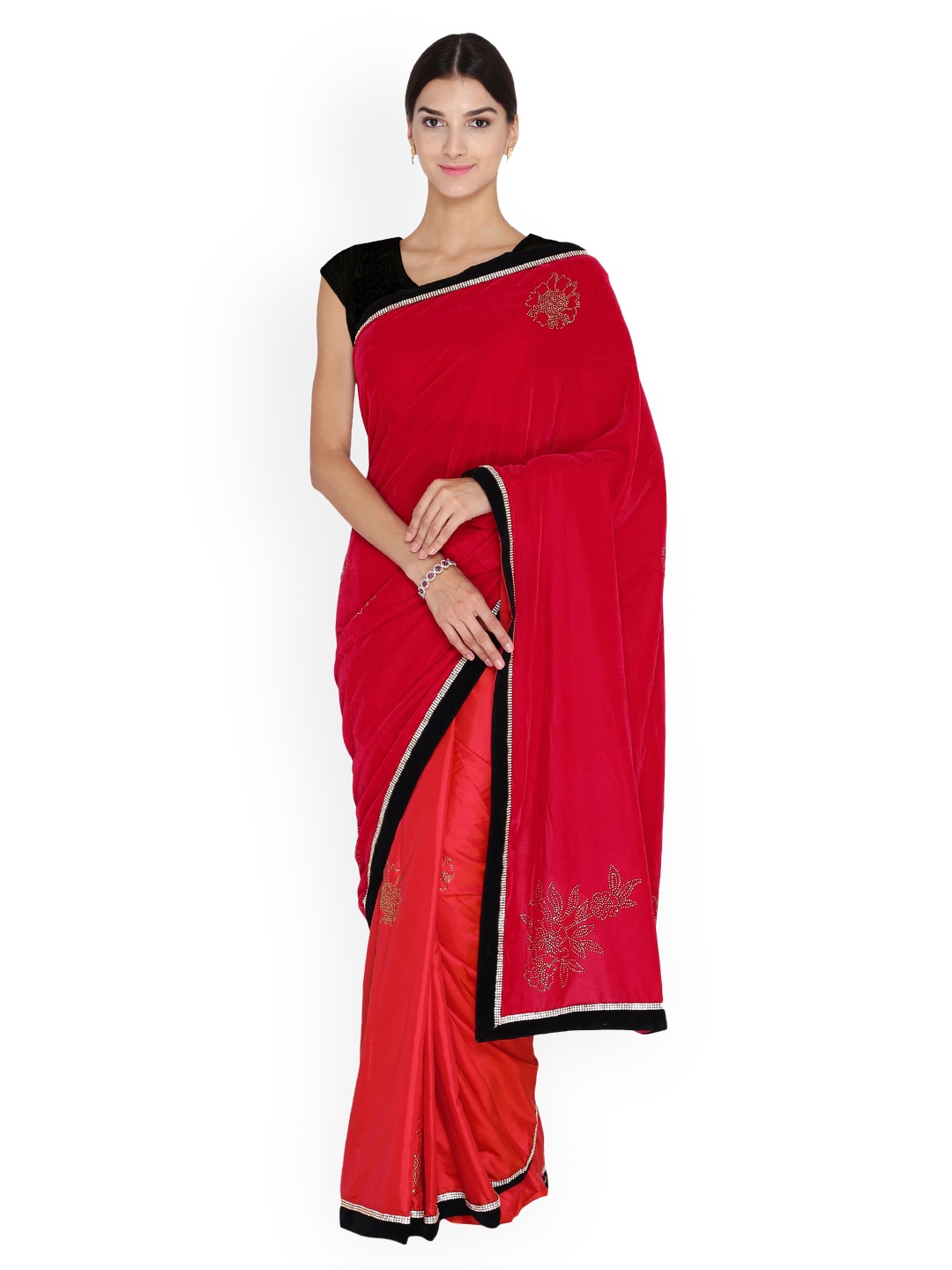 

Chhabra 555 Red & Black Velvet Embellished Saree