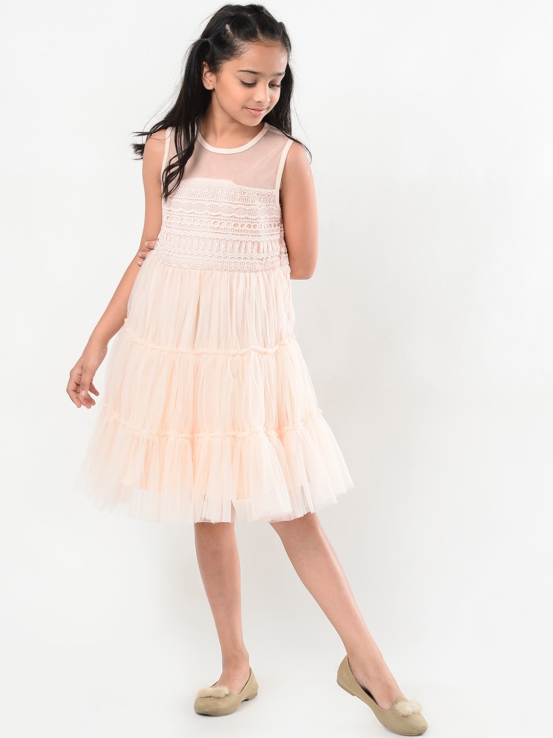 

Natilene Girls Peach-Coloured Self Design Fit and Flare Dress