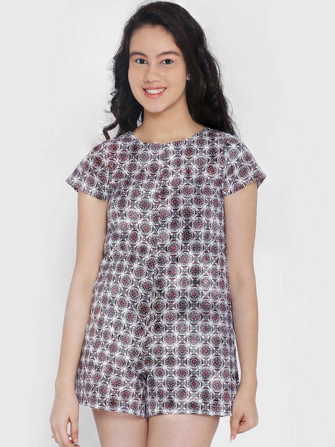 

Natilene Girls White & Maroon Printed Playsuit