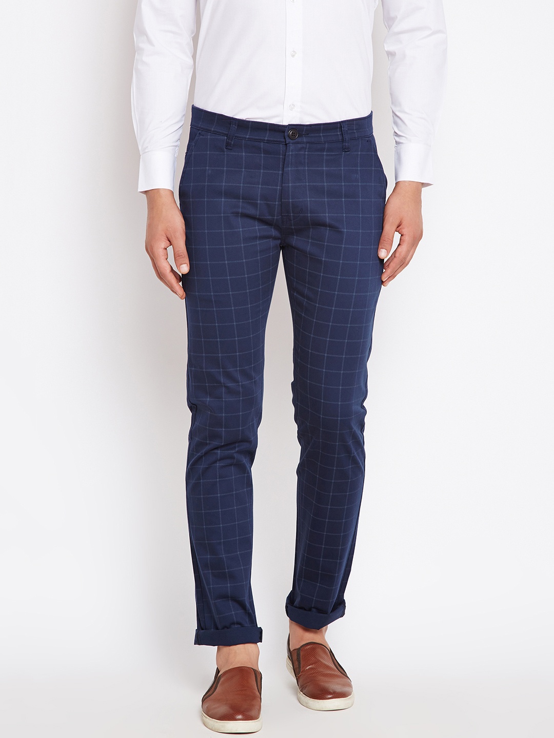 

Hancock Men Navy Blue Comfort Slim Fit Checked Regular Trousers