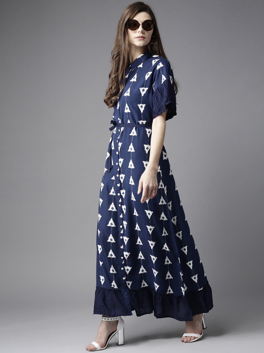 

HERE&NOW Navy Blue & White Geometric Printed Maxi Shirt Dress