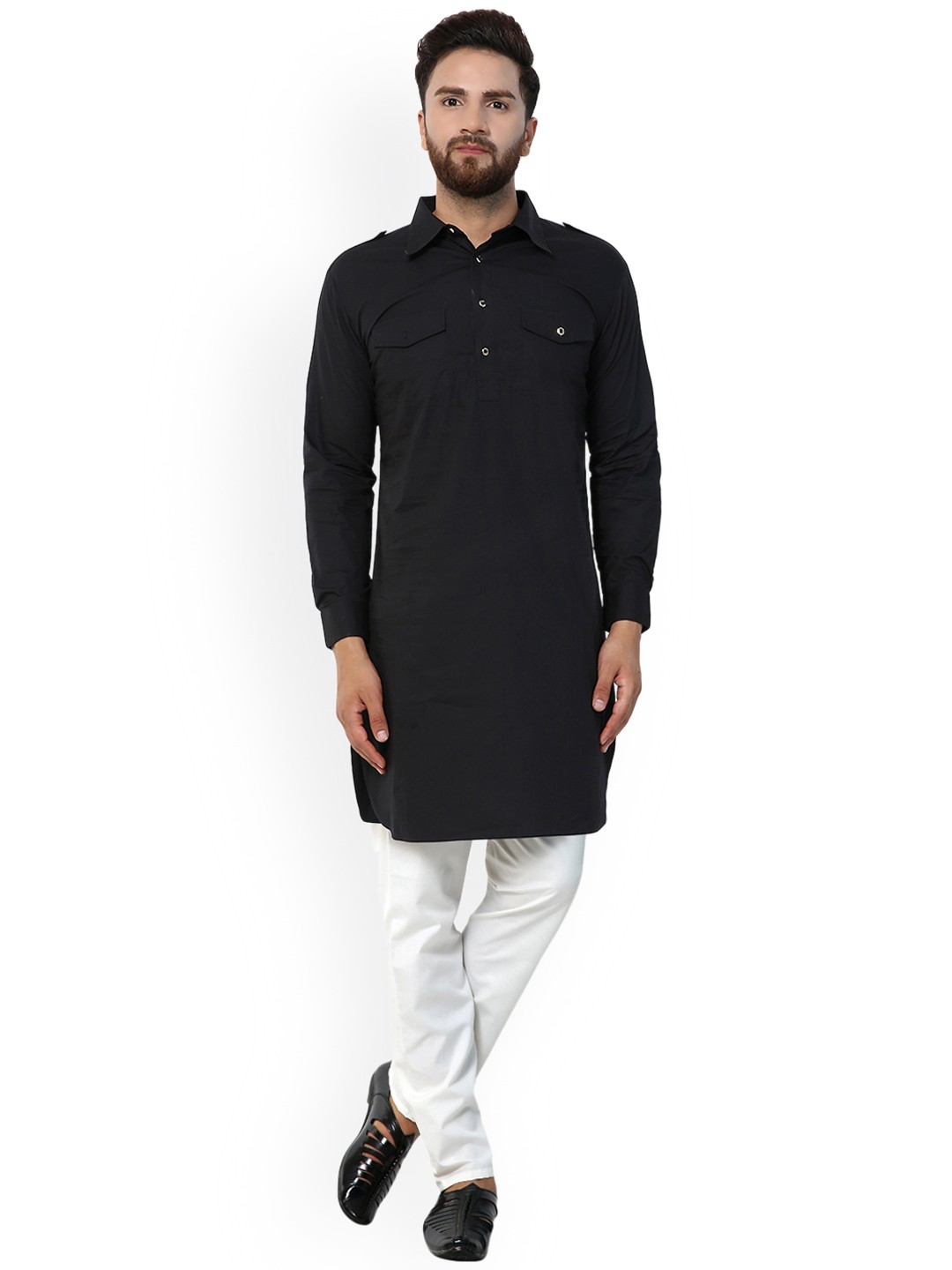 

Purple State Men Black Solid Pathani Kurta