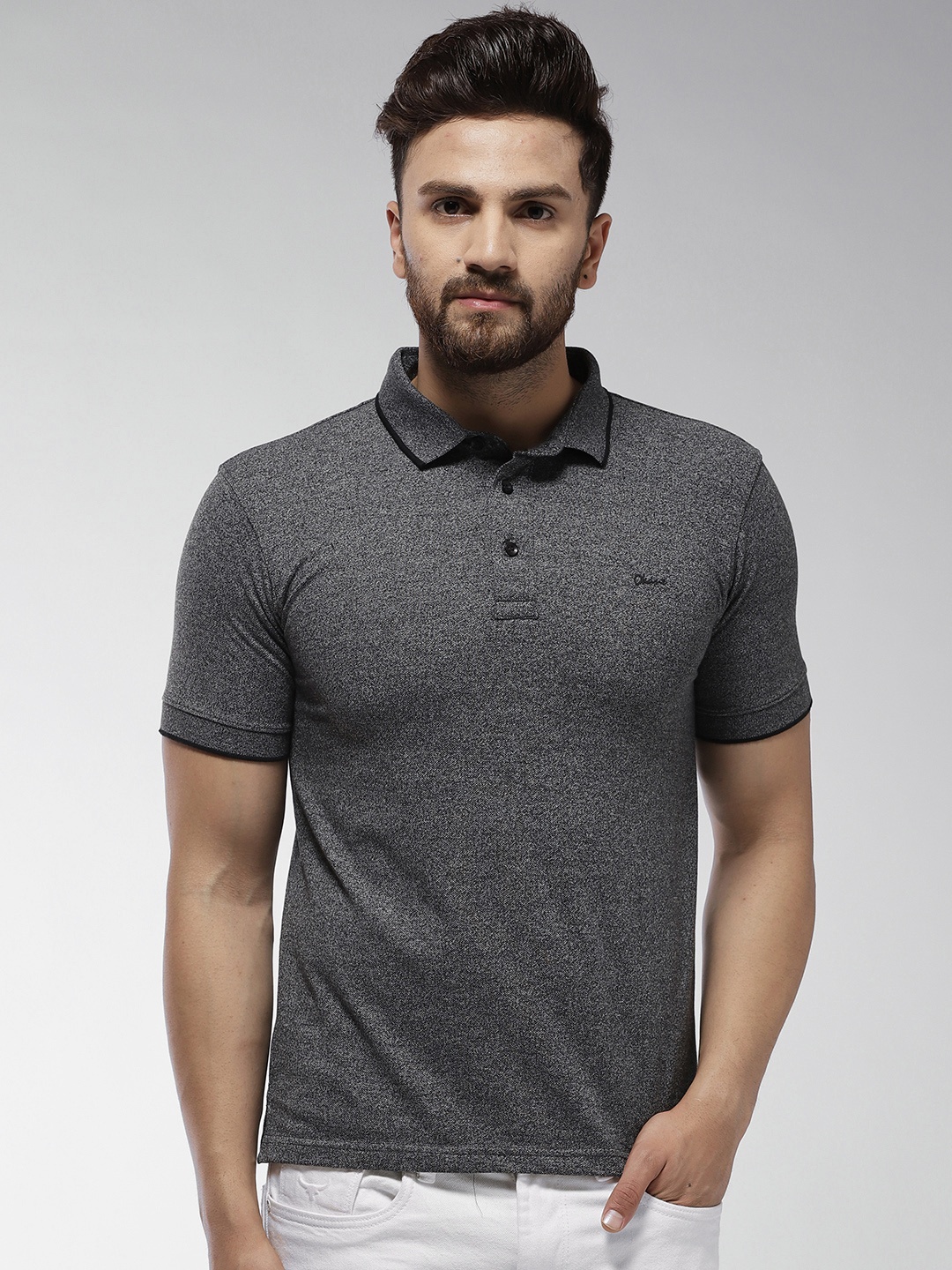 

Okane Men Charcoal Grey Solid Polo Collar T-shirt