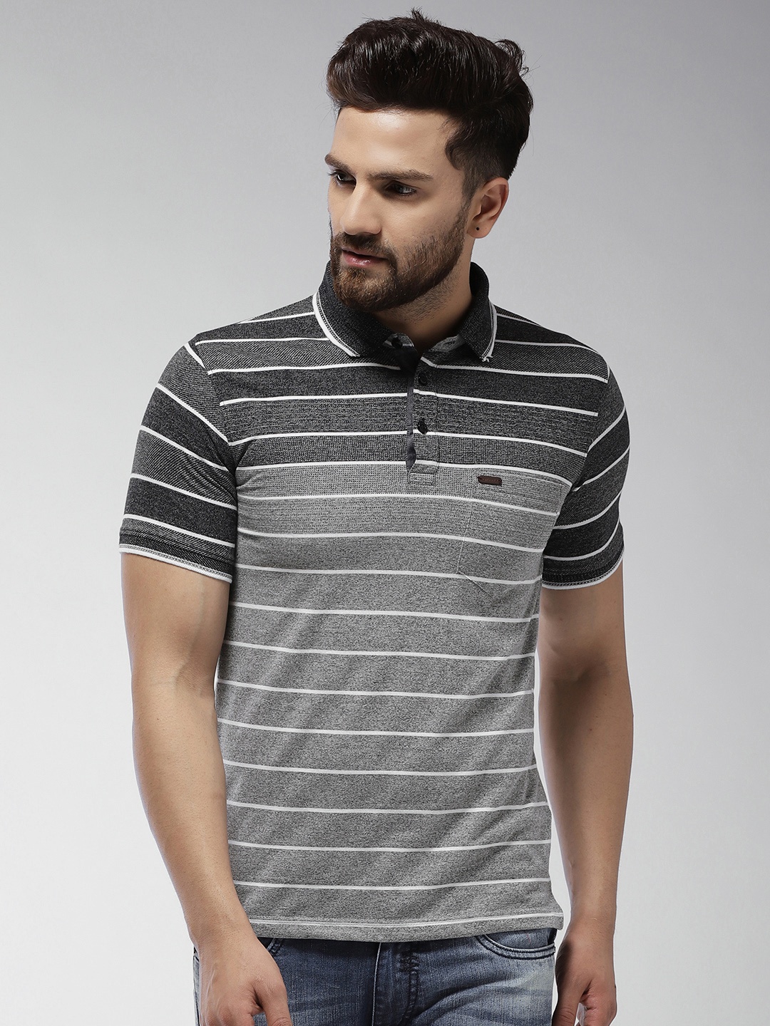 

Okane Men Grey Melange Striped Polo Collar T-shirt