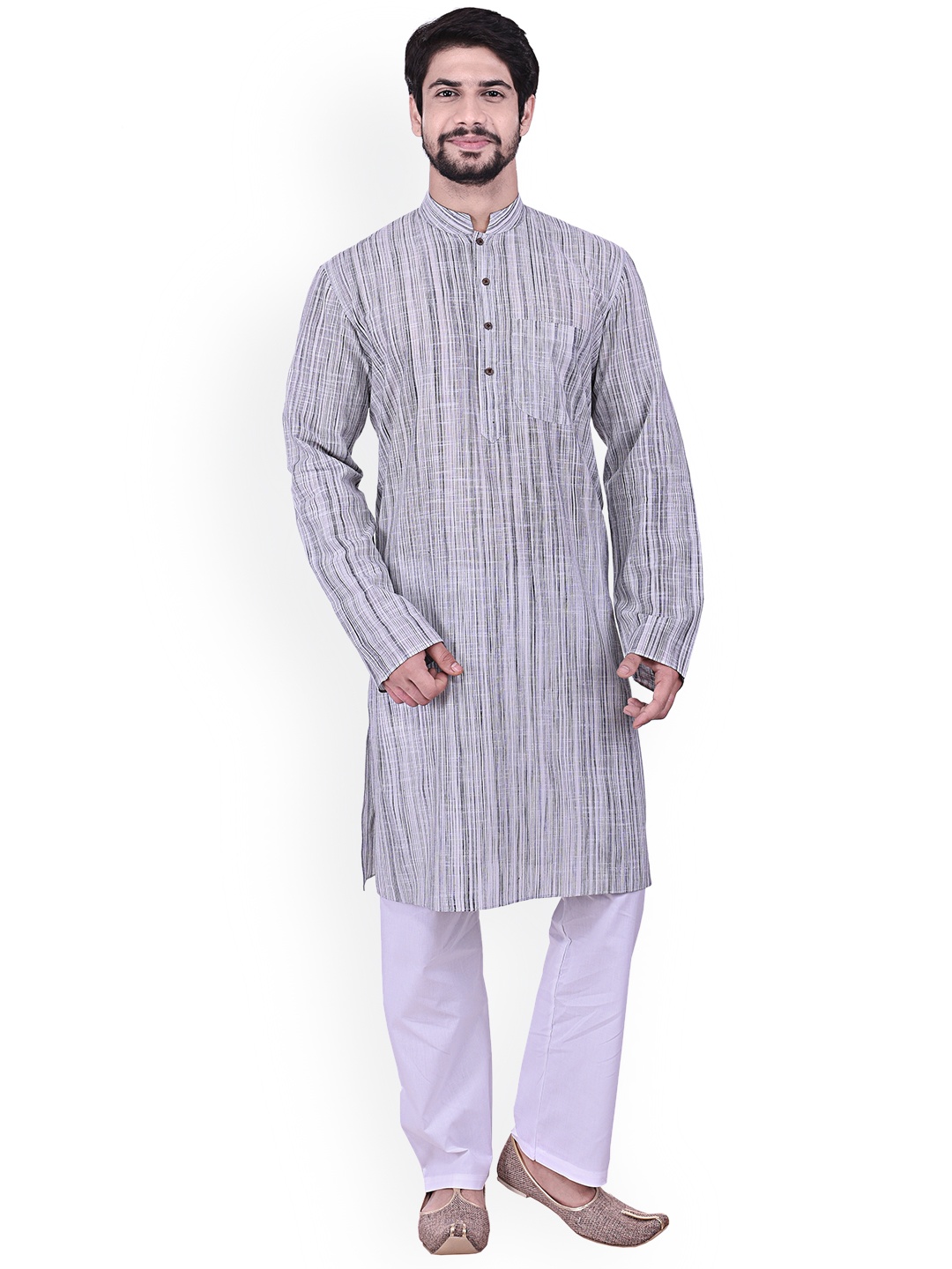 

Manyavar Men White & Grey Woven Design Straight Kurta