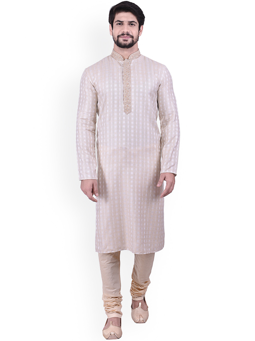 

Manyavar Men Beige Self Design Kurta with Churidar
