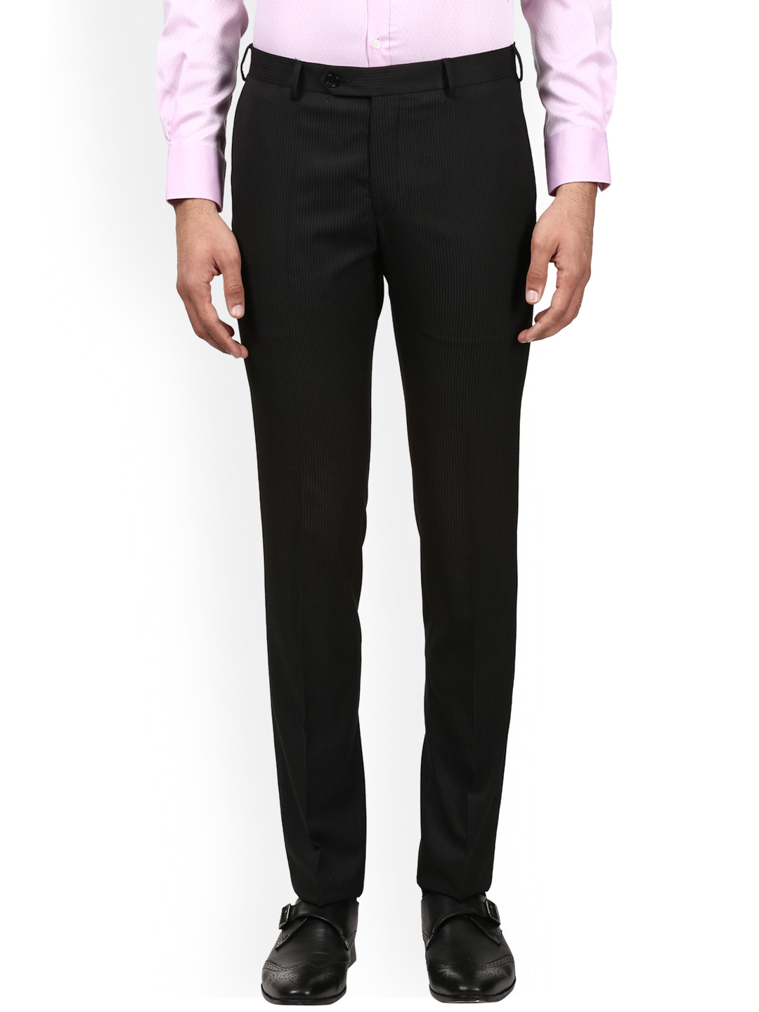 

Raymond Men Black Slim Fit Striped Formal Trousers