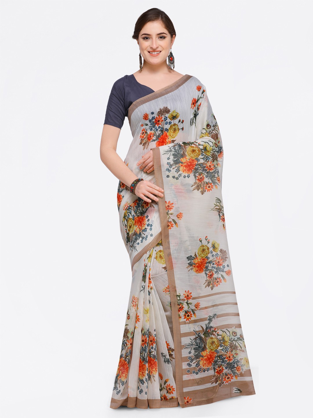 

Pisara Off-White & Brown Pure Cotton Printed Saree