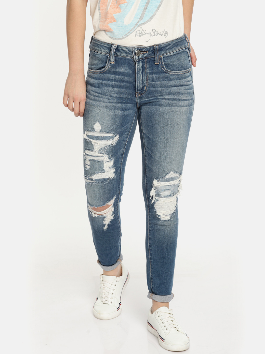 

AMERICAN EAGLE OUTFITTERS Women Blue Regular Fit Low-Rise Mildly Distressed Stretchable Jeans