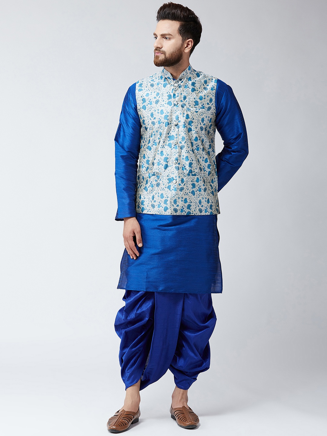 

SOJANYA Men Navy Blue Printed Kurta with Dhoti Pants