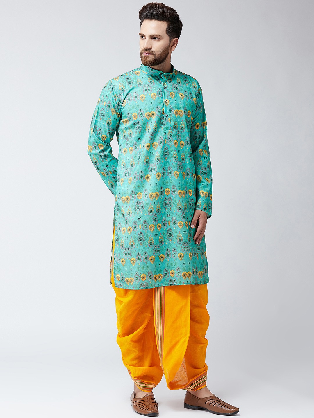 

SOJANYA Men Green & Orange Printed Kurta with Dhoti Pants