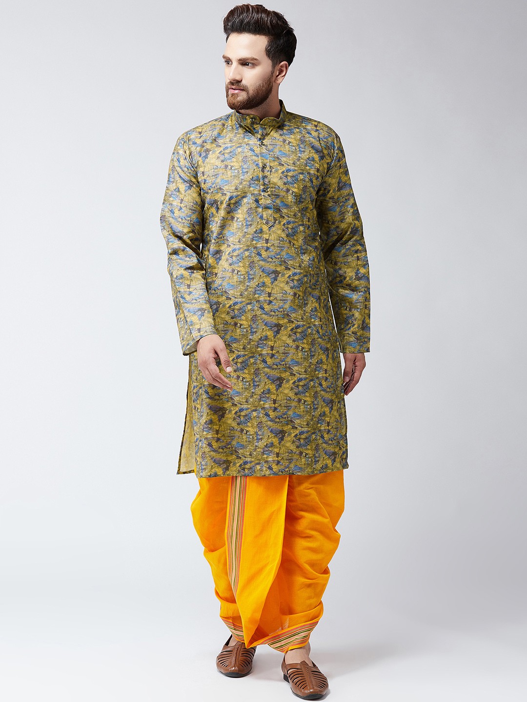 

SOJANYA Men Yellow & Orange Printed Kurta with Dhoti Pants
