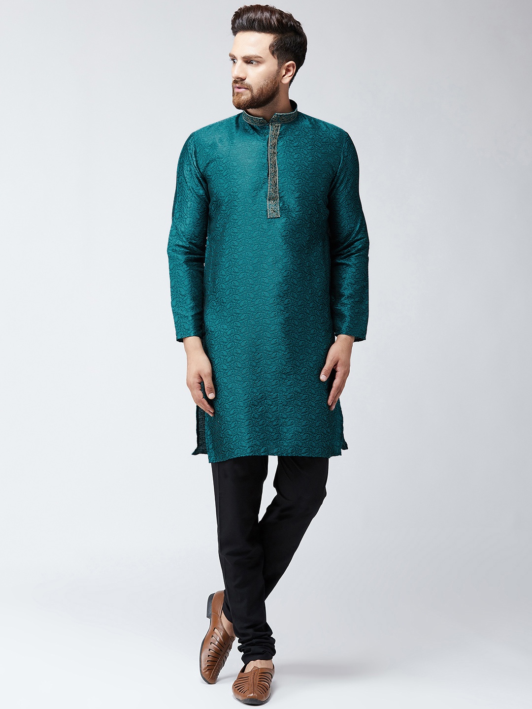 

SOJANYA Men Teal & Black Self Design Kurta with Churidar