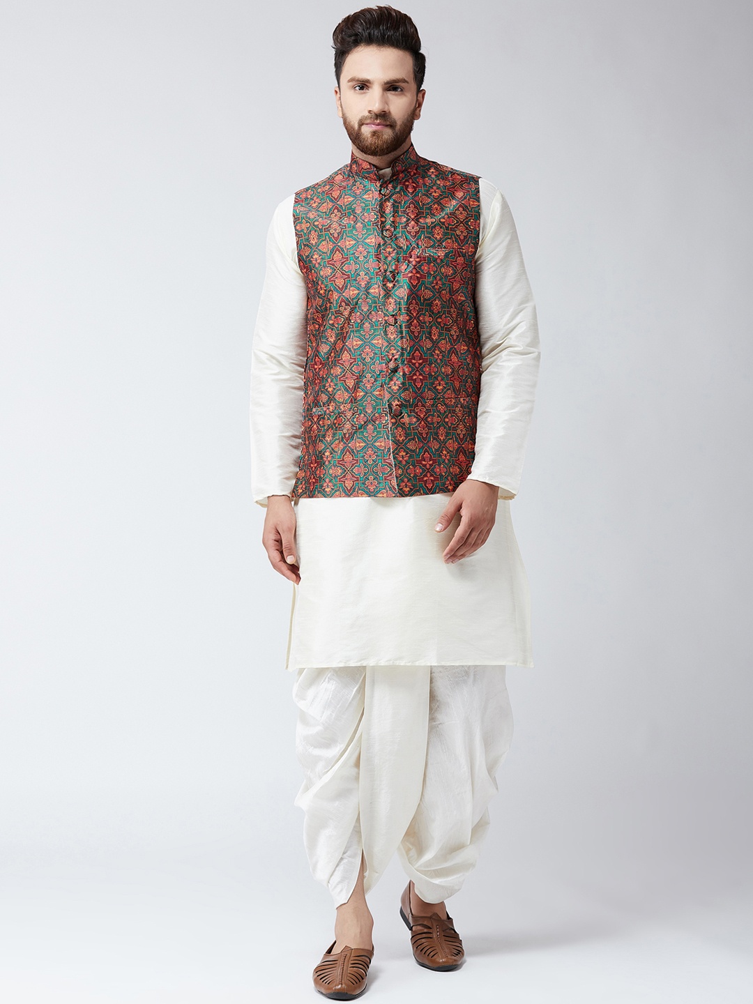 

SOJANYA Men White & Teal Printed Kurta with Dhoti Pants