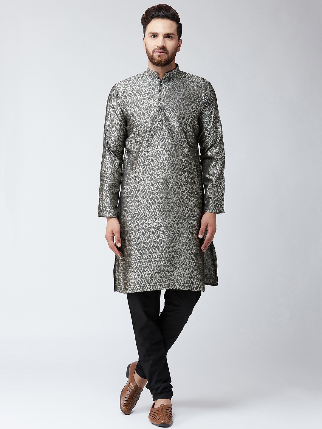

SOJANYA Men Grey & Black Self Design Kurta with Churidar
