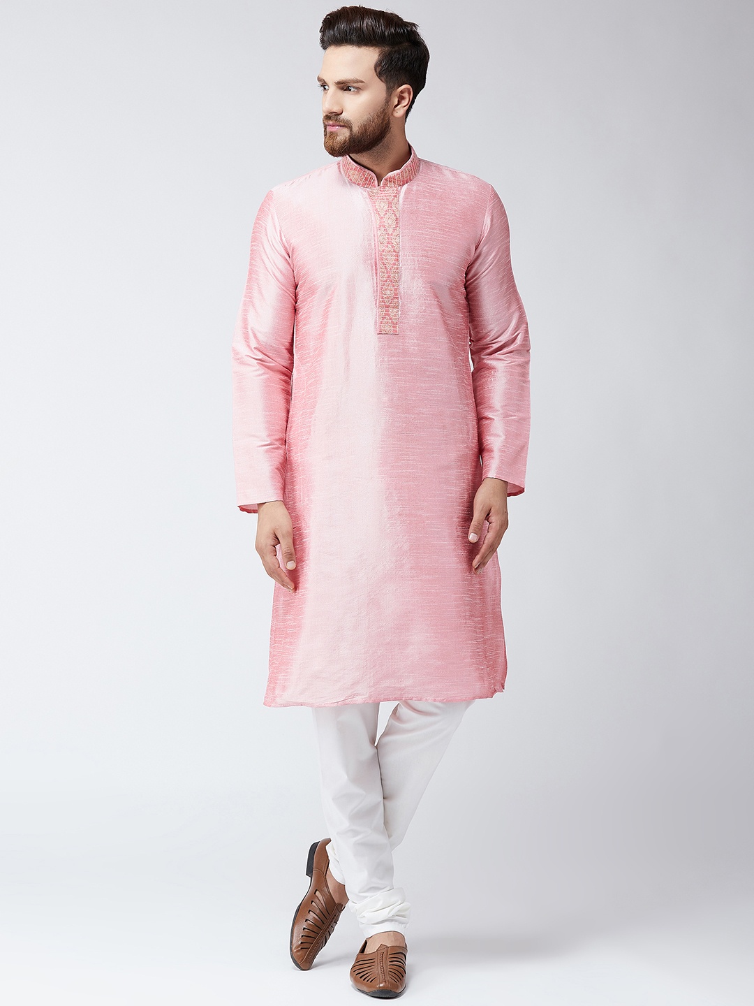 

SOJANYA Men Pink & White Self Design Kurta with Churidar