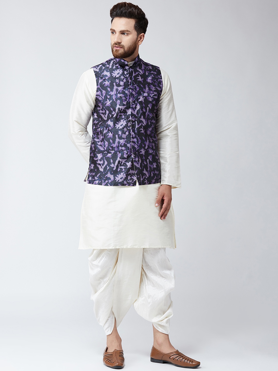

SOJANYA Men White & Navy Blue Printed Kurta with Dhoti Pants