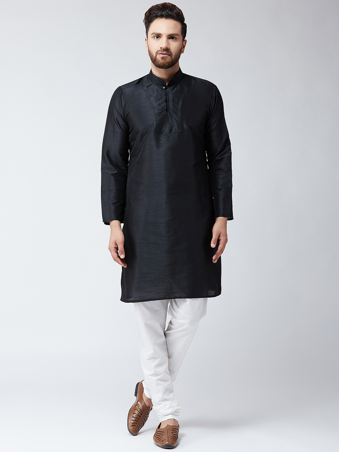 

SOJANYA Men Black & White Self Design Kurta with Churidar