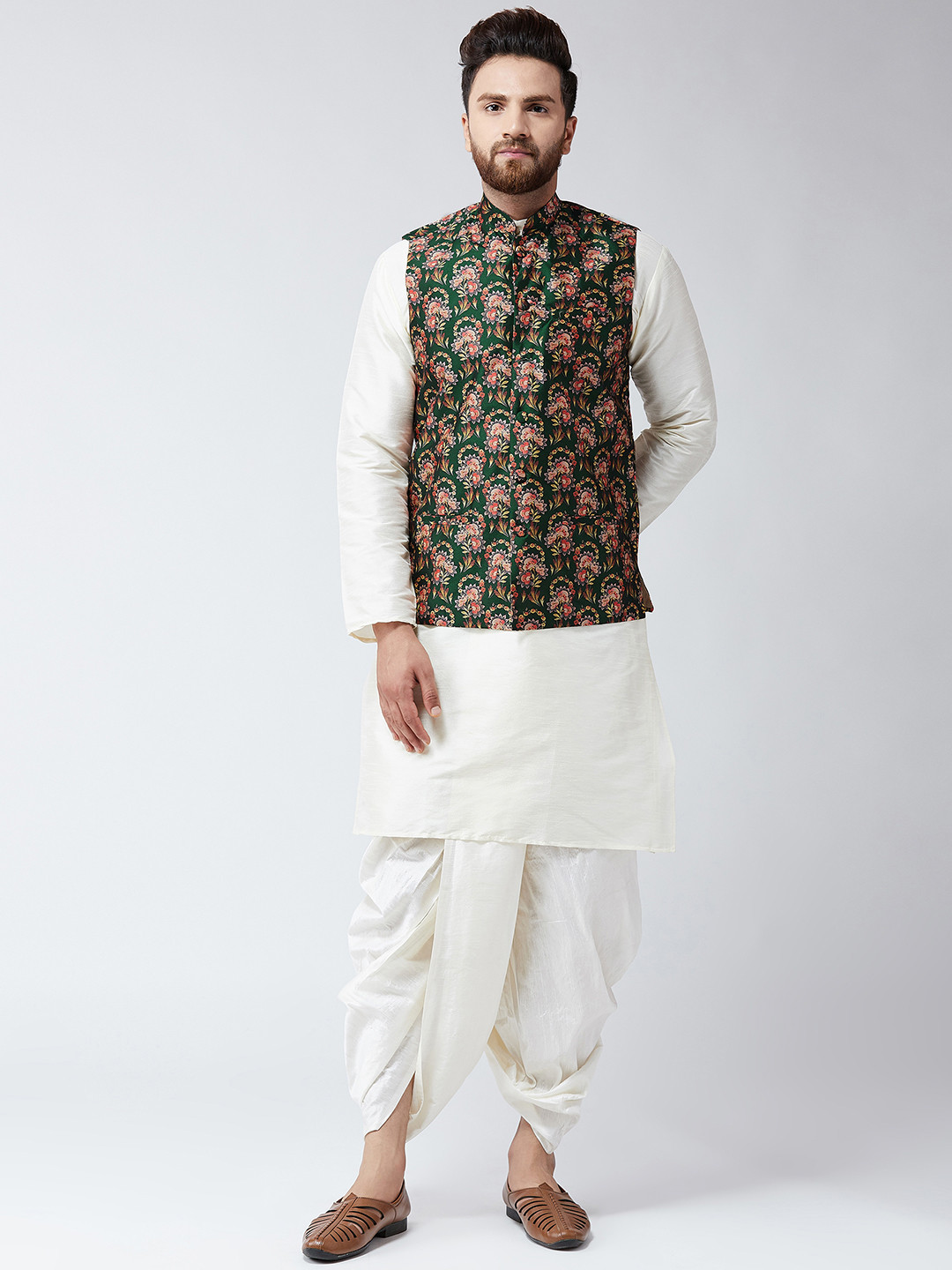 

SOJANYA Men White & Green Printed Kurta with Dhoti Pants