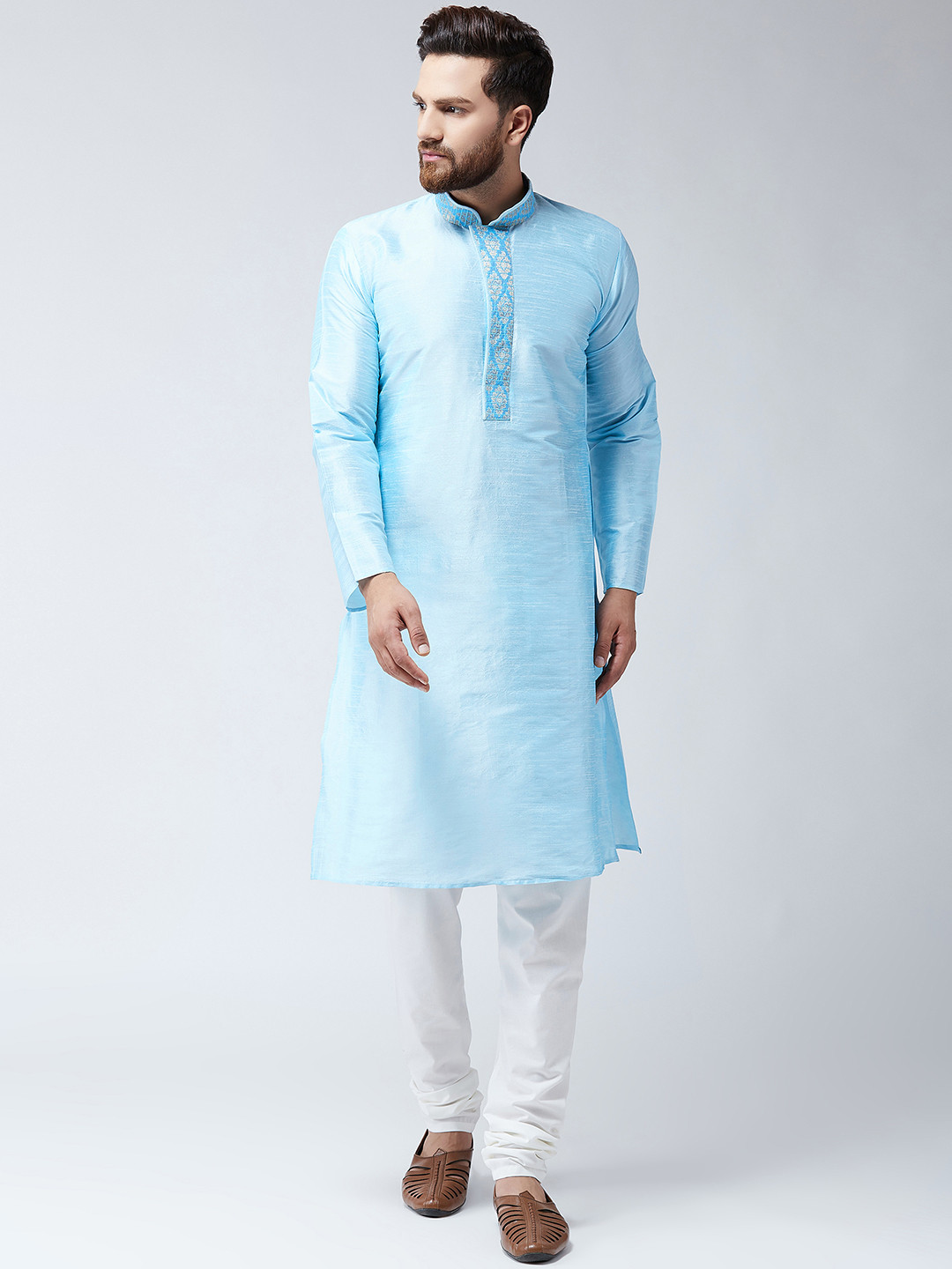 

SOJANYA Men Blue & White Self Design Kurta with Churidar