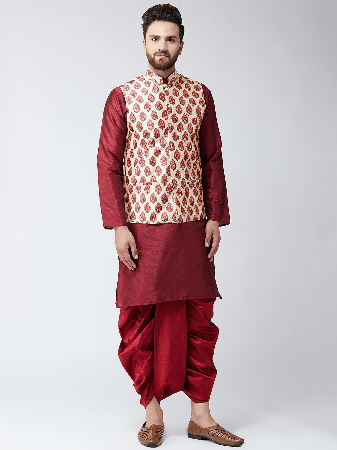 

SOJANYA Men Maroon & Beige Self Design Kurta with Dhoti Pants