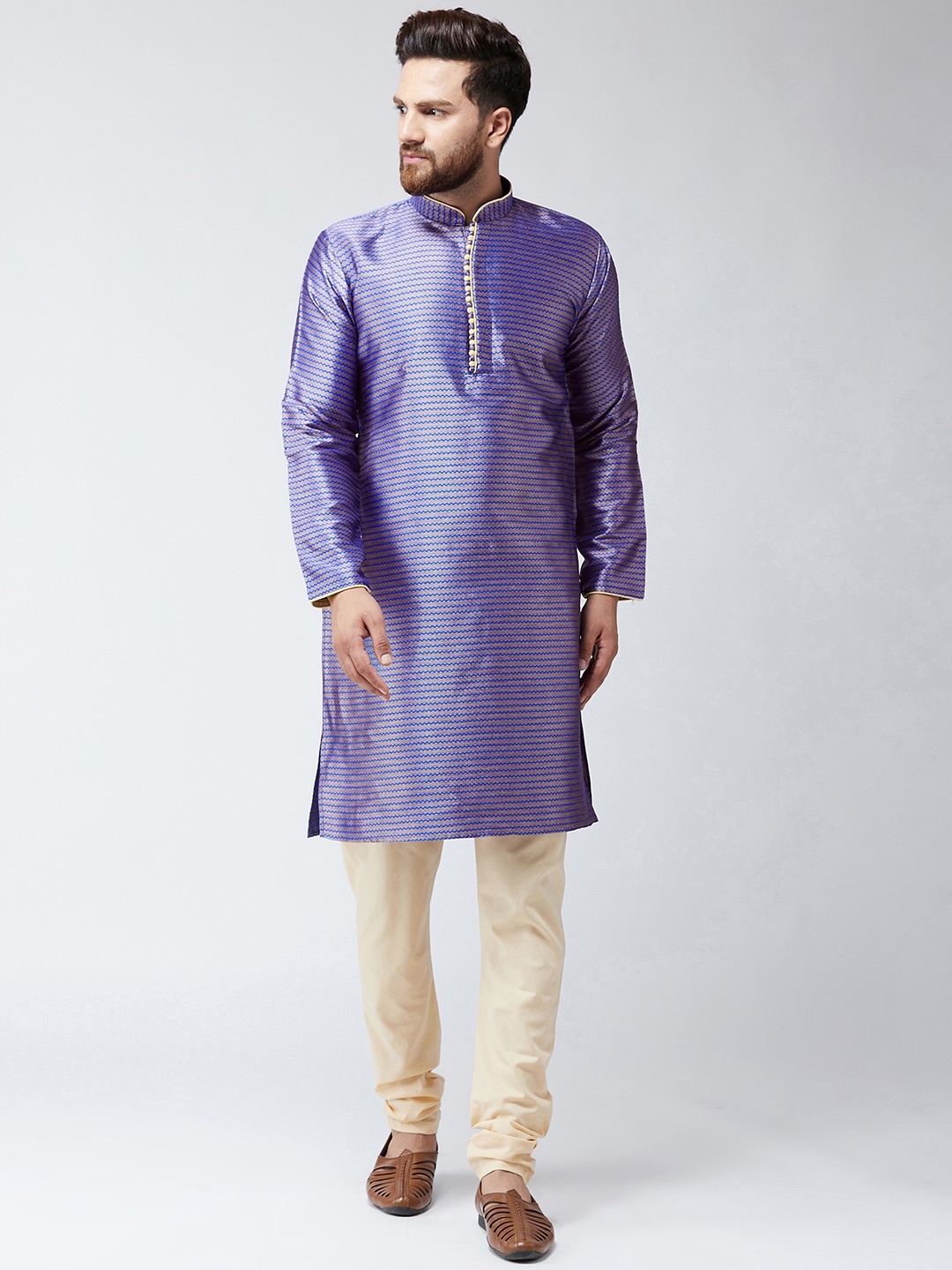 

SOJANYA Men Blue & Beige Self Design Kurta with Churidar
