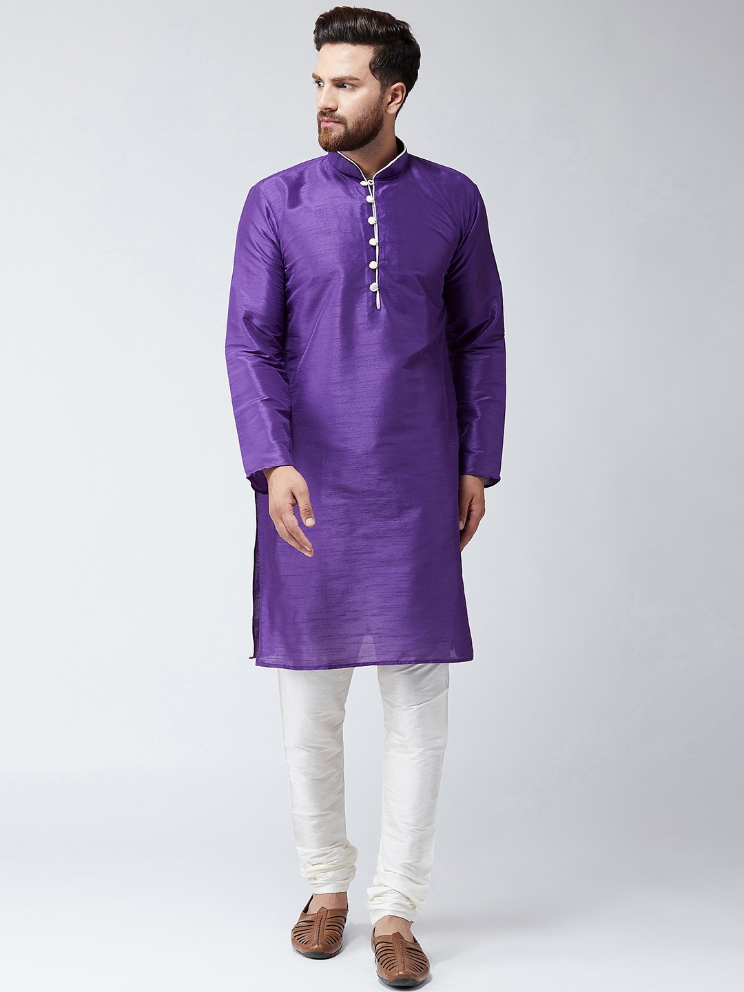 

SOJANYA Men Purple & White Self Design Kurta with Churidar