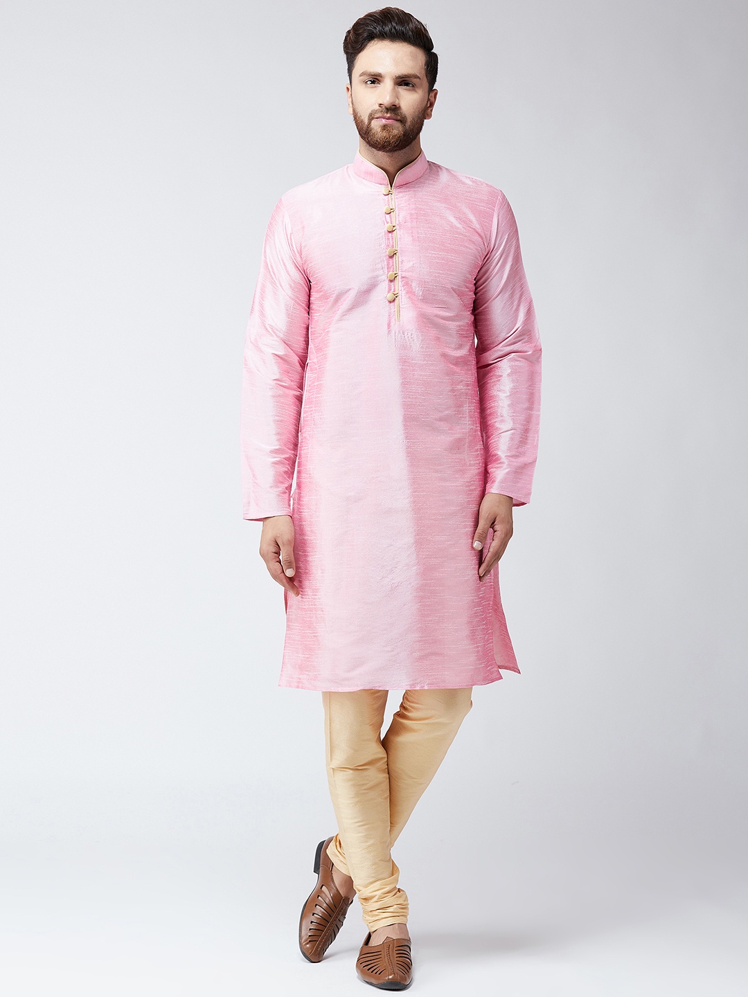 

SOJANYA Men Pink & Gold-Toned Self Design Kurta with Churidar