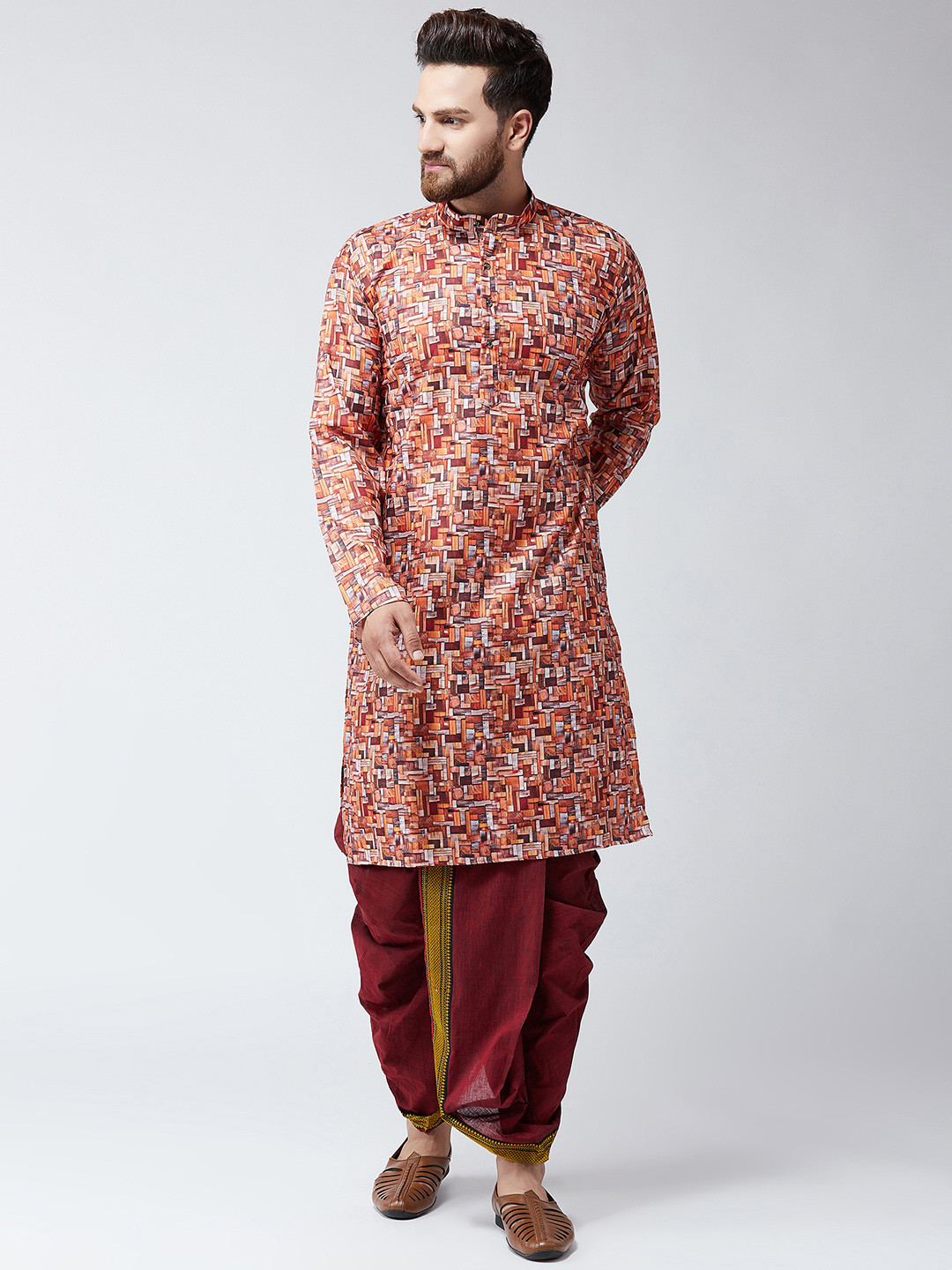 

SOJANYA Men Orange & Maroon Printed Kurta with Dhoti Pants