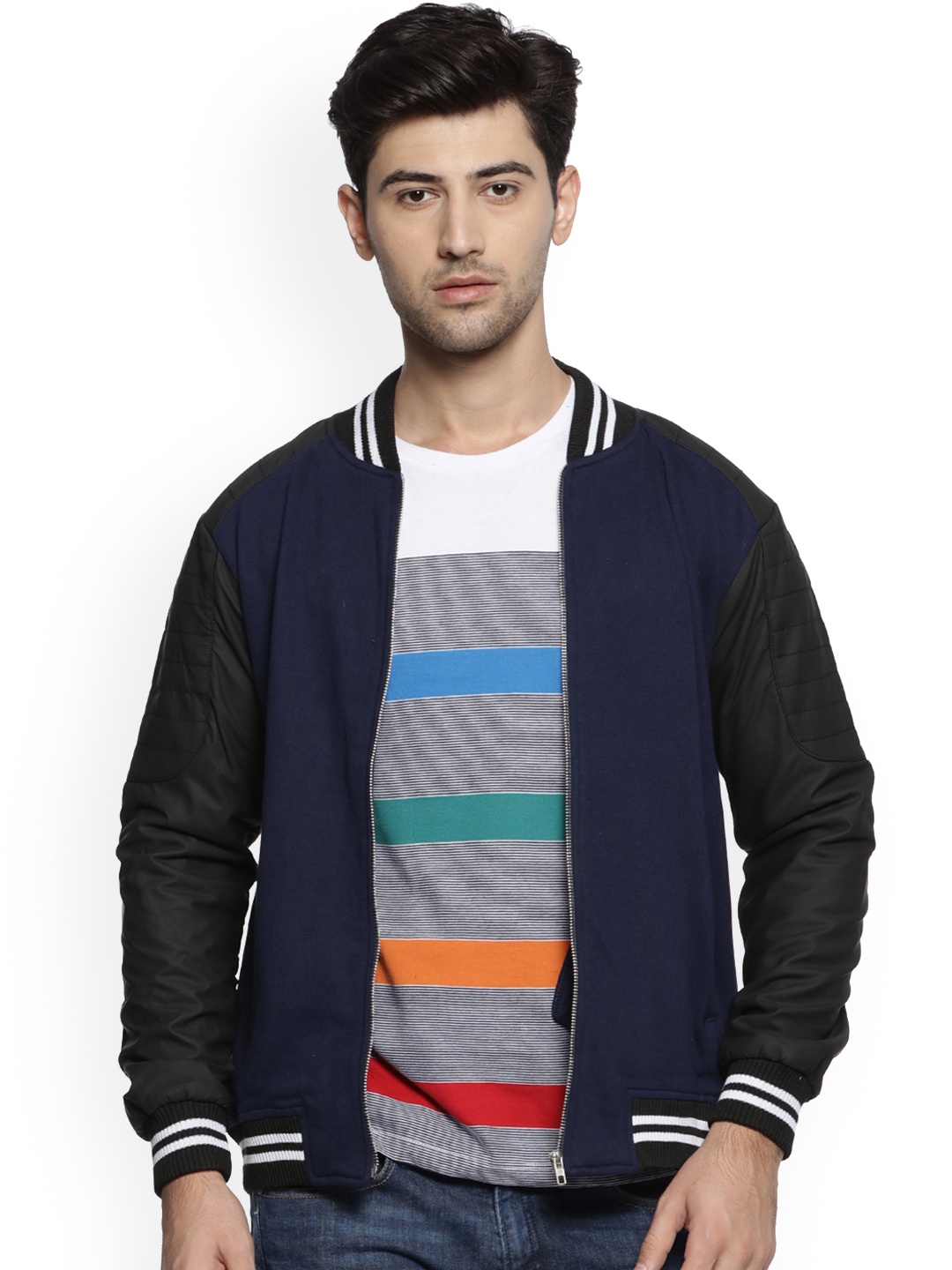 

Campus Sutra Men Blue Colourblocked Varsity Jacket