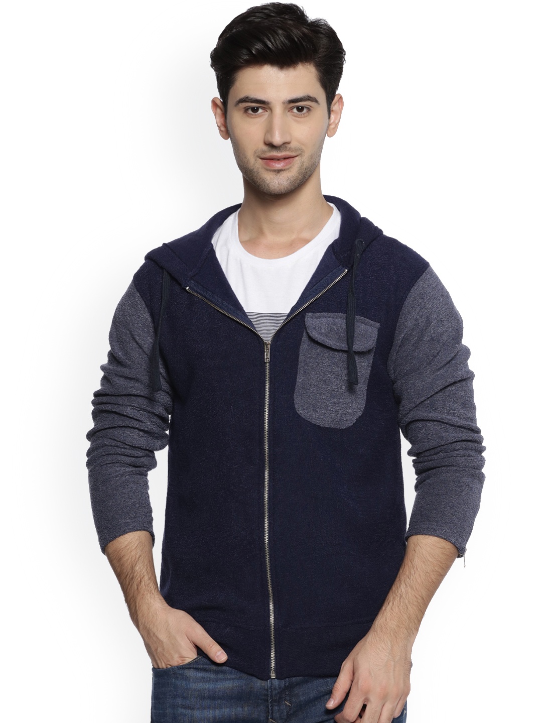 

Campus Sutra Men Blue & Grey Colourblocked Hooded Sweatshirt