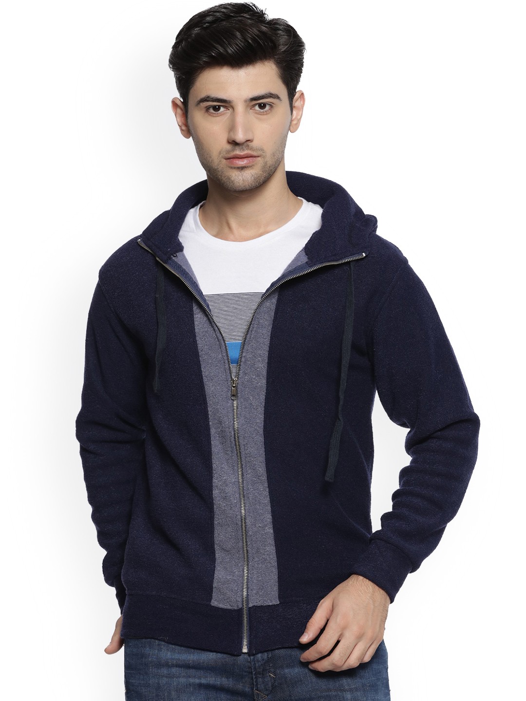 

Campus Sutra Men Blue & Grey Colourblocked Hooded Sweatshirt