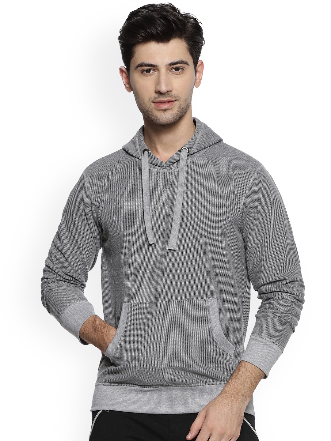 

Campus Sutra Men Grey Self Design Hooded Sweatshirt