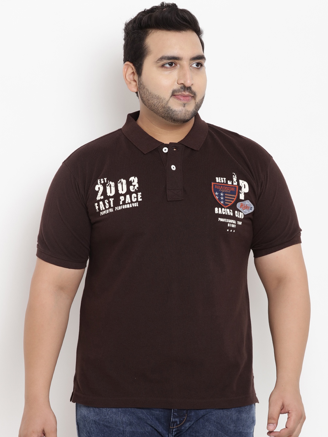 

John Pride Plus Size Men Brown Printed Polo Collar T-shirt