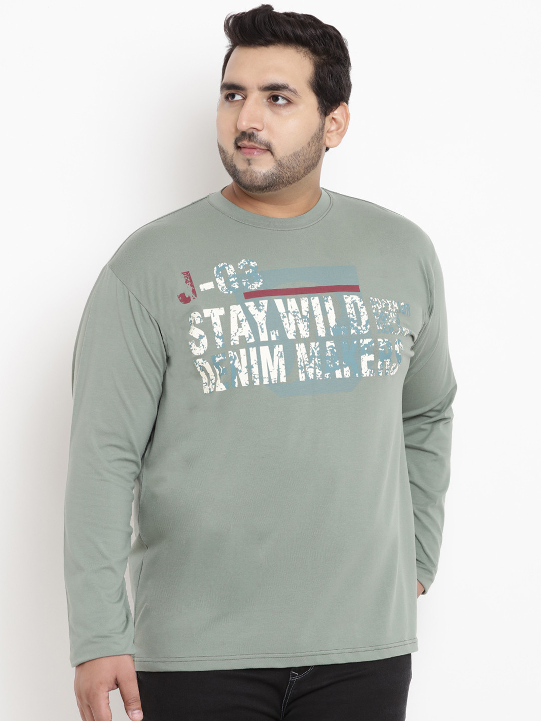 

John Pride Plus Size Men Green Printed Round Neck T-shirt