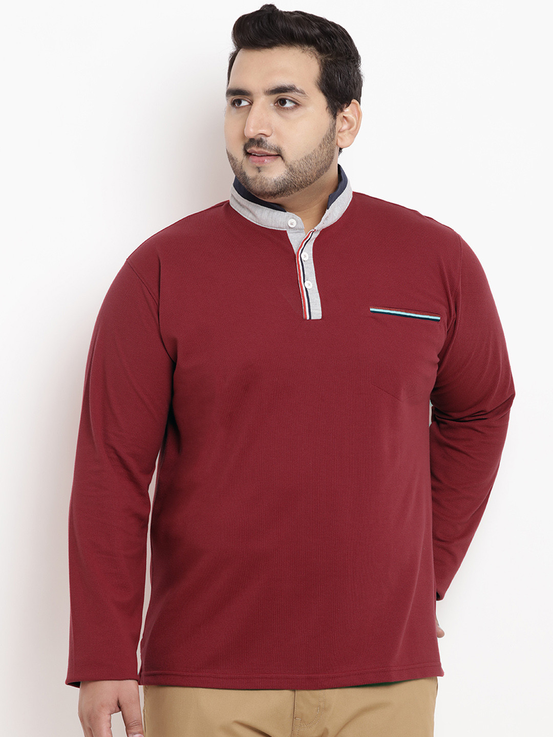 

John Pride Plus Size Men Maroon Solid Mandarin Collar T-shirt