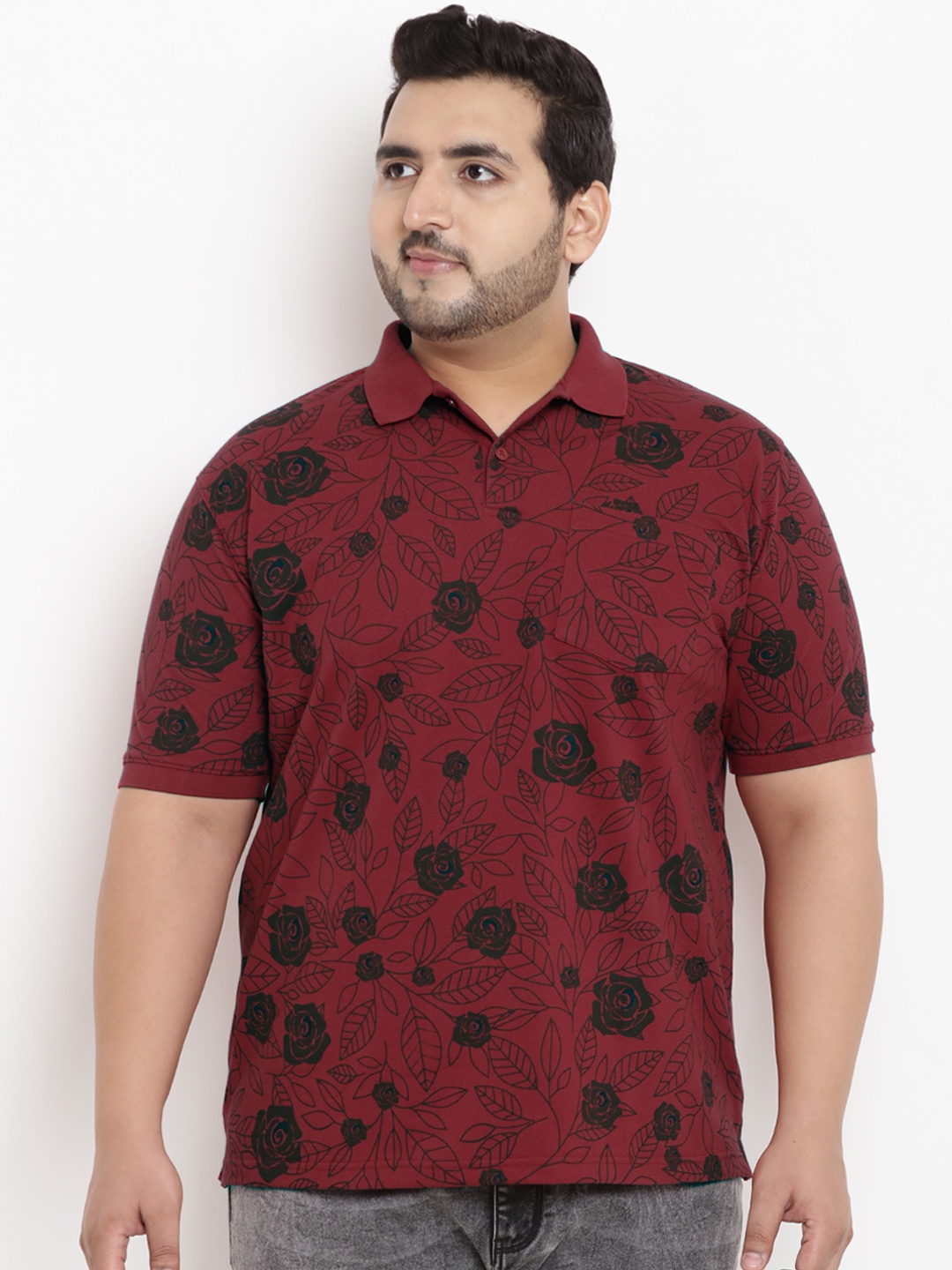 

John Pride Plus Size Men Maroon Printed Polo Collar T-shirt