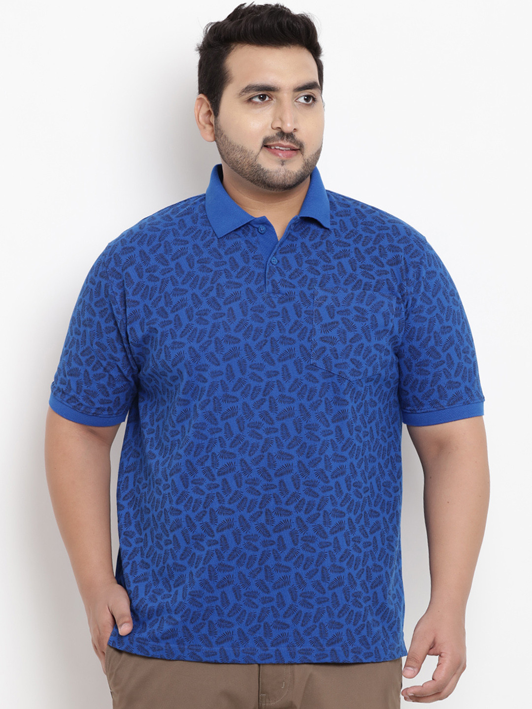 

John Pride Plus Size Men Blue Printed Polo Collar T-shirt