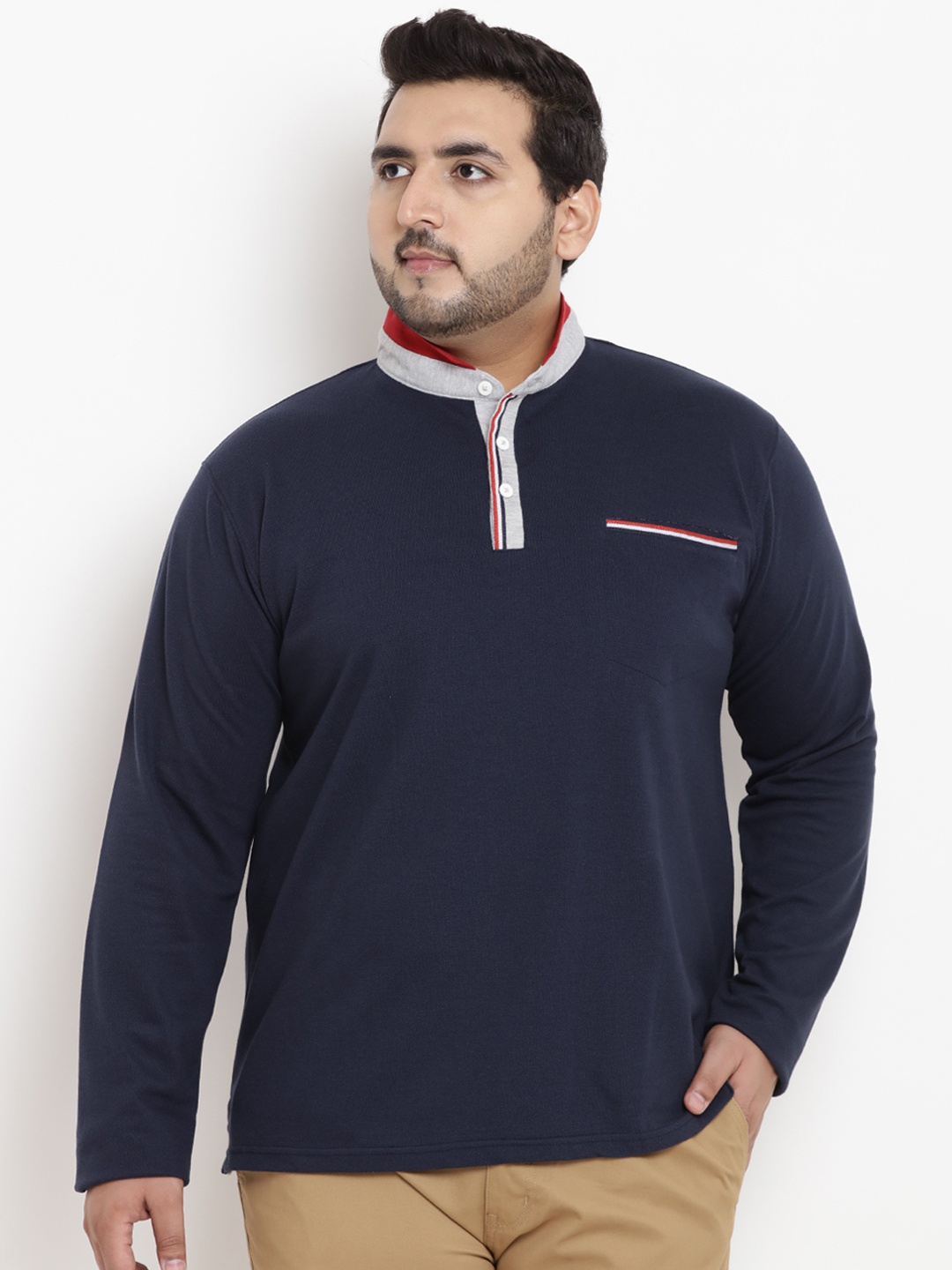 

John Pride Plus Size Men Navy Blue Solid Mandarin Collar T-shirt