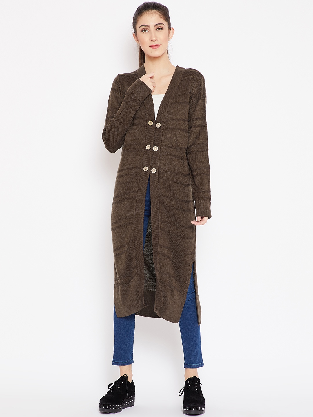 

Cayman Women Olive Green Striped Longline Cardigan